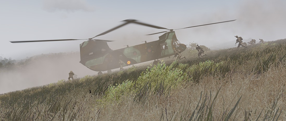 arma 3 simulacion militar chinook español aterrizando y extrayendo soldados