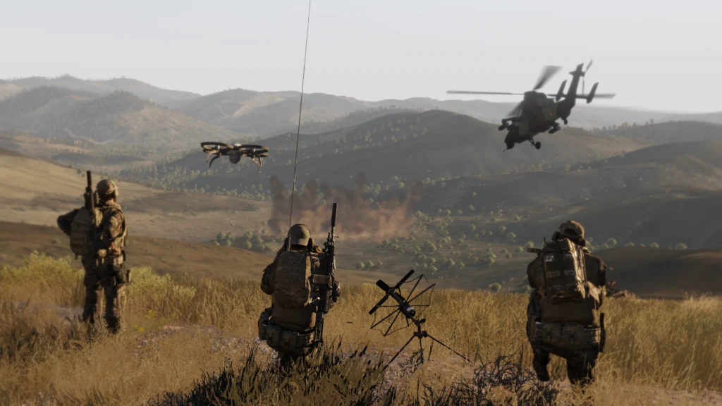 arma 3 simulacion militar unidad de reconocimiento con un dron y apoyo de un helicoptero tigre del ejercito español